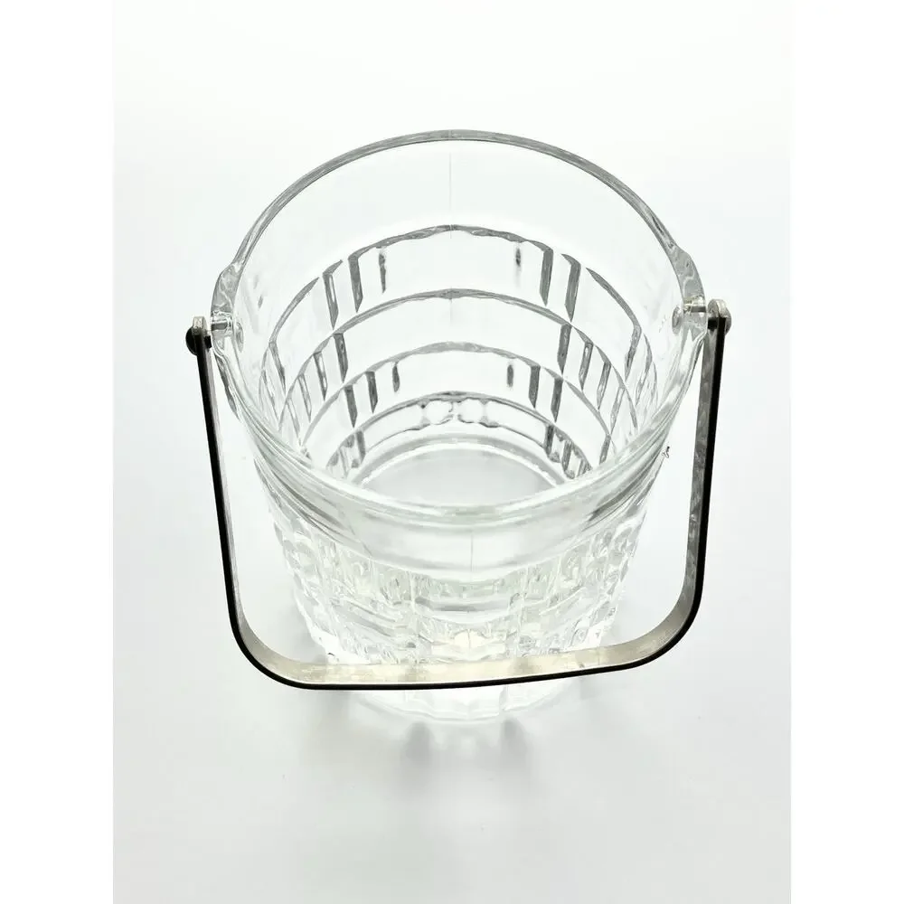 1980s Vintage Geometric Square Grid Plaid French Glass Ice Bucket 5 1/4” Barware